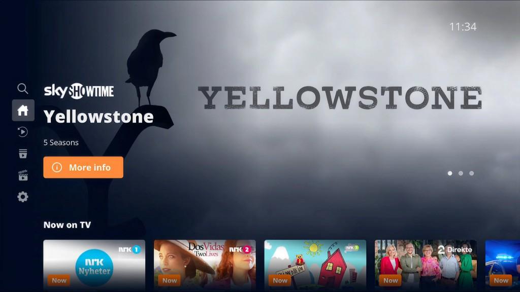 Smart TV streaming interface showing featured content, navigation sidebar, and content rails with remote-friendly focus states