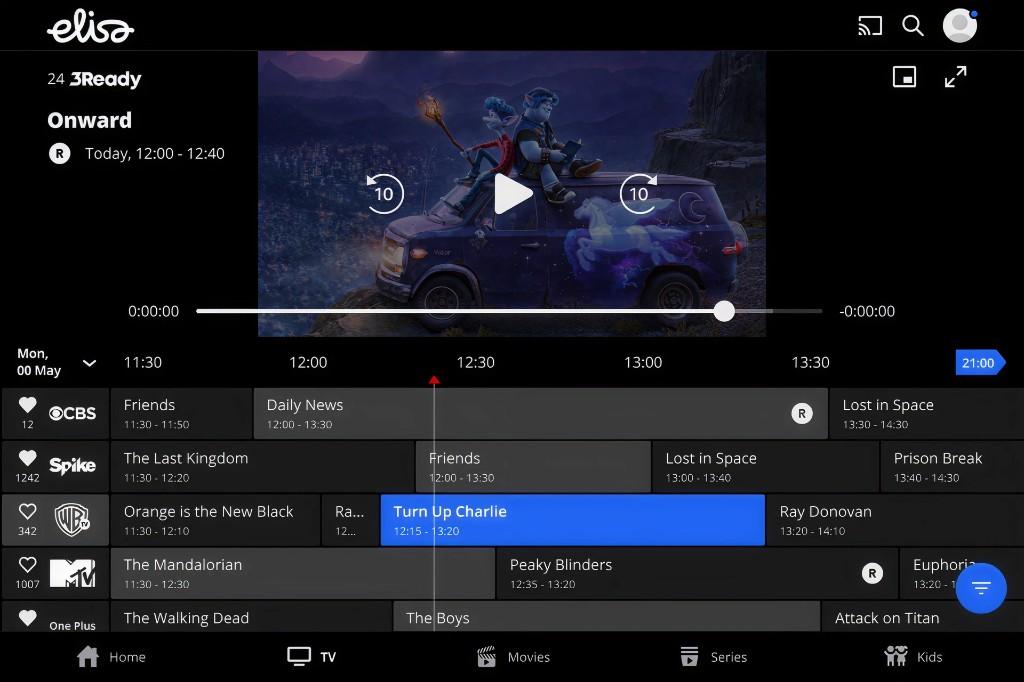 Elisa tablet streaming app showing video playback and EPG grid with touch-first navigation and selected program focus state