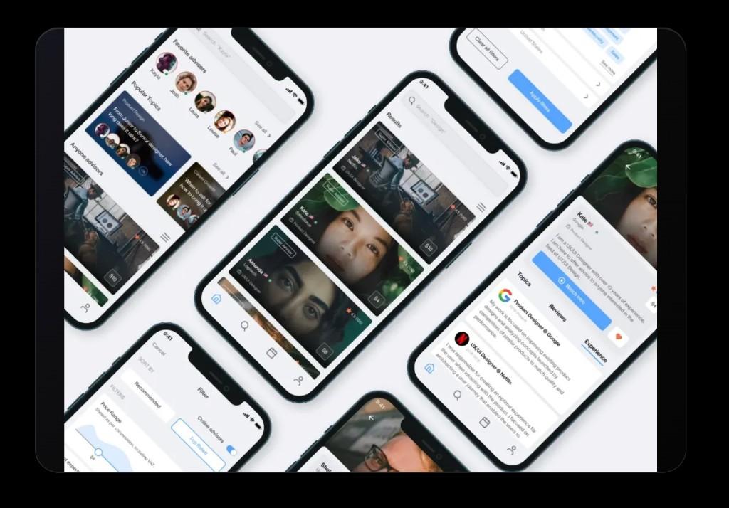 Anyone app screens showing advisor discovery, profiles, search, and filters