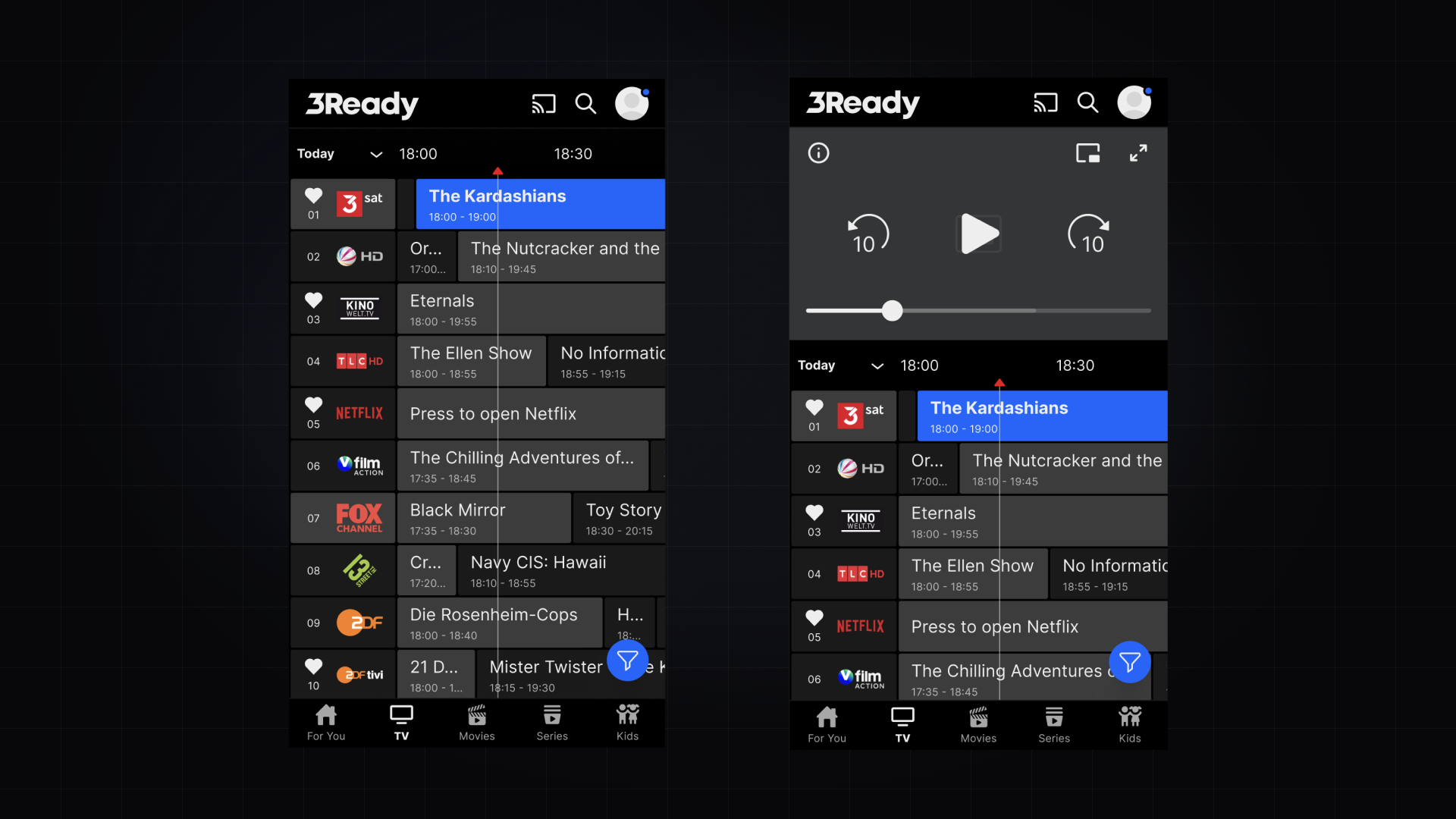 Mobile EPG shown full-screen and beside playback, with reduced channel density and vertical browsing