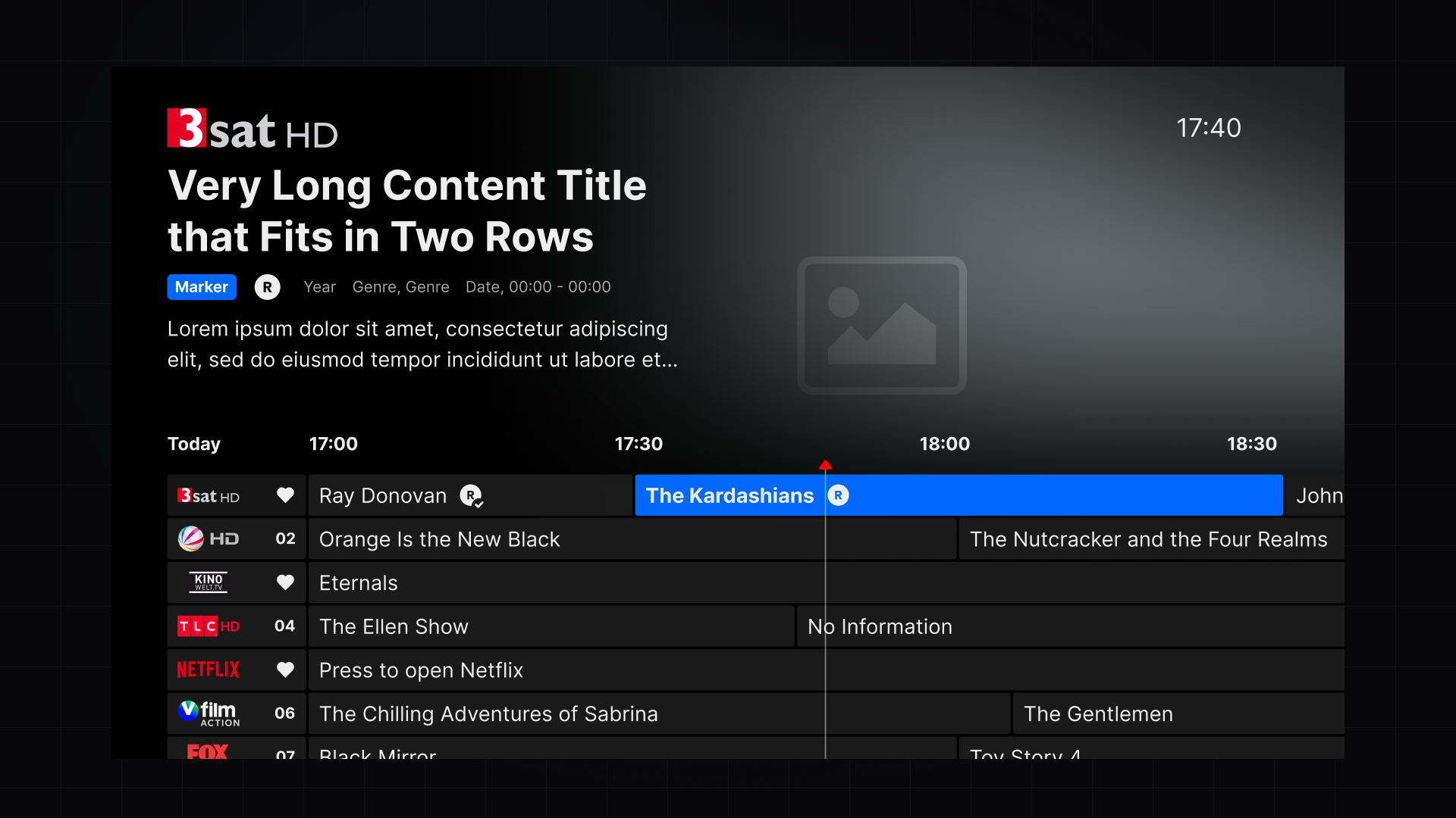 TV EPG with focused program state and D-pad friendly horizontal schedule browsing