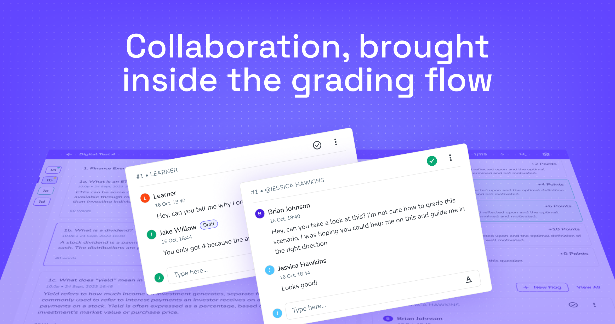Ans review tab showing Flags and Discussions integrated into the grading workflow next to the grading scheme